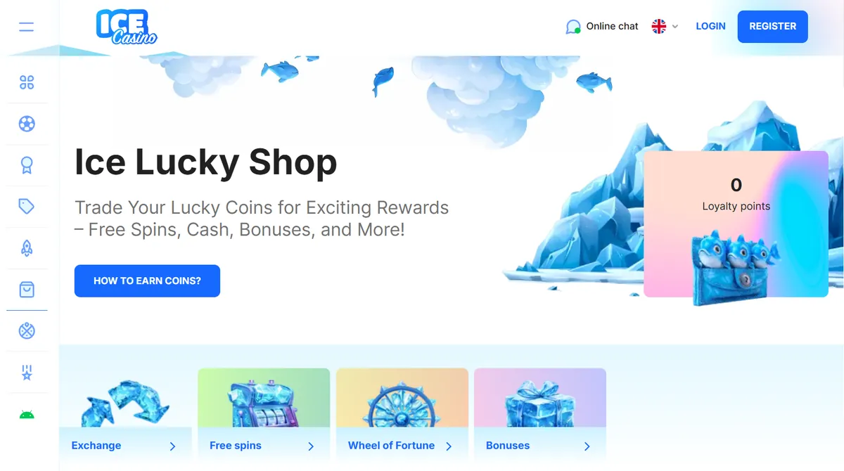 Ice Lucky Shop där lojalitetspoäng byts mot free spins, kontanter och bonusar