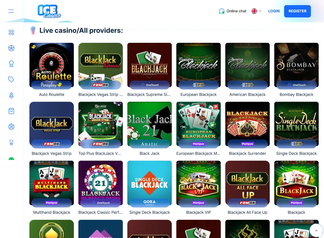 Livecasinot hos Ice Casino med blackjackbord från flera leverantörer