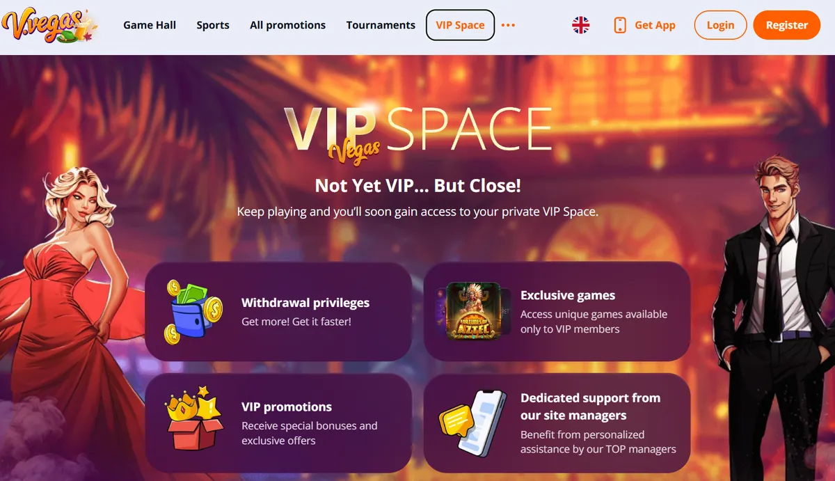VIP Space hos V Vegas med uttagsförmåner, exklusiva spel, VIP-kampanjer och personlig kontakt